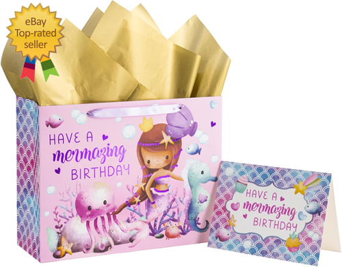 Mermaid Gift Bag for Girls, Medium Bag with Tissue Paper, Greeting Card and Tag,