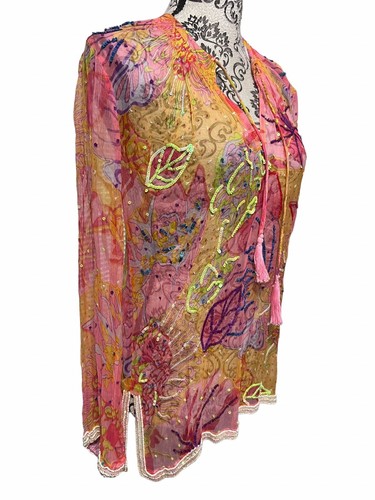 LETARTE Handmade Cover Up V-Neck Pullover Beaded Print Side Slits Size S/M - Picture 4 of 12