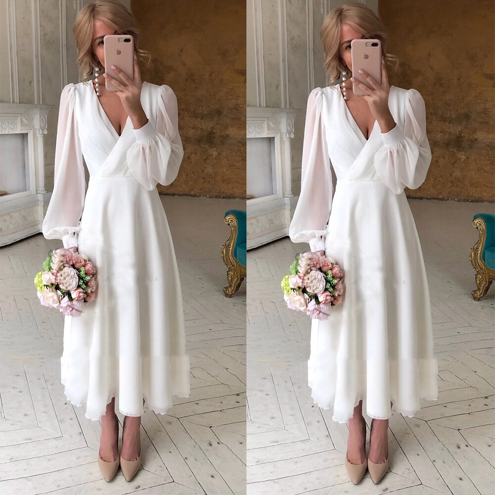Chiffon Short Wedding Dresses V Neck Long Sleeves Tea Length