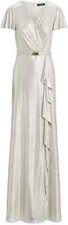 Ralph Lauren Womens Metallic Flutter Sleeve Evening Dress Gown Creme Gold Sz 14