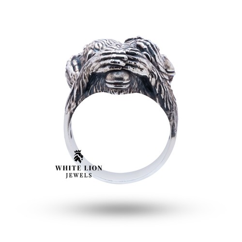 Three Wise Monkeys No Evil Speak Hear See 925 Silver Oxidized Men Biker Ring - Picture 3 of 7