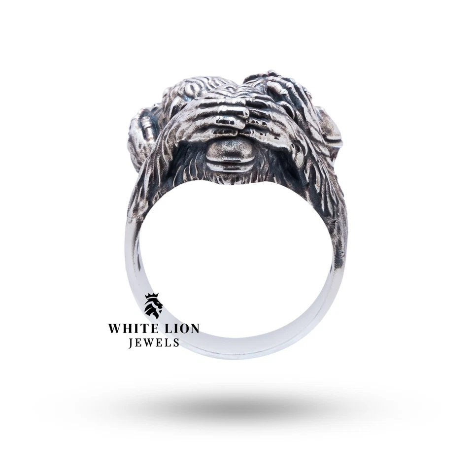 Three Wise Monkeys No Evil Speak Hear See 925 Silver Oxidized Men Biker Ring - Image 3 of 4