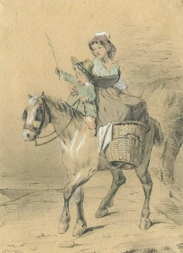 Mère et enfant à dos de cheval- Dessin original ancien - Photo 1/1