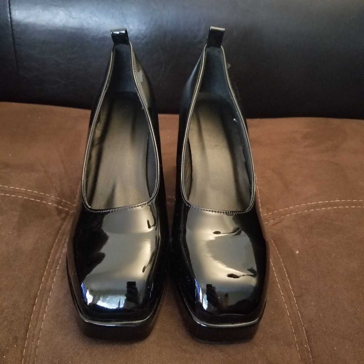 Womens Square Toe Block High Heels Patent Leather Pumps Platform Shoes Size 