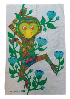 Rare Vintage 1970s Belinda Lyon Oxfam Linen Tea Towel Green Monkey