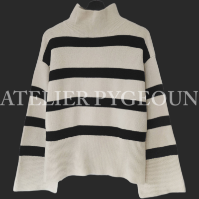 NWT H&M Oversized Mock-turtleneck Wool White/Black Slits Striped