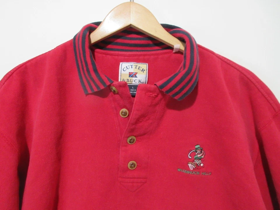 Sz L VINTAGE Cutter & Buck Red Golf Polo Sweatshirt Mens Embroidered 1/4 Button - Image 3 of 4