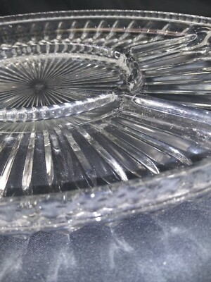 Vintage Sunburst Cut Crystal Glass Oval Serving Tray Divided