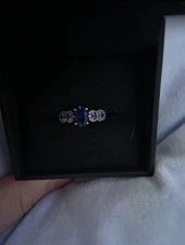 Zales Sterling Silver Lab Created Sapphire Ring With Diamonds Size 7