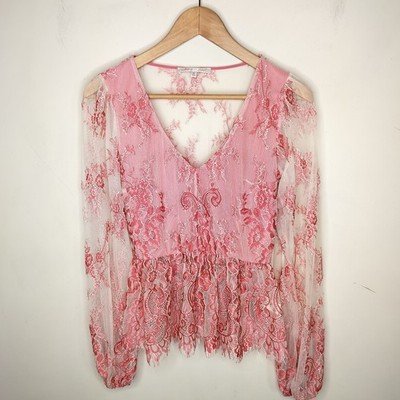 Willow & Root Floral Lace Long Sleeve Top XS Womens Pink Sheer Whimsy Fairy