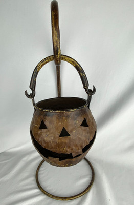 Hammered Metal Jack-O-Lantern Pilar Candle Holder Curved Stand Rustic Primitive