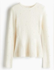 Ivory Wool Knit Peplum Sweater | Pearl Embell...