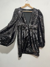 Nasty Gal Black Sequin Mini Dress Deep V Neck Plunge Booby Dress UK 12