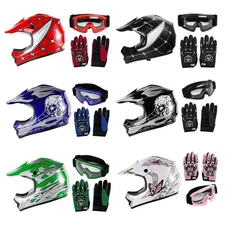 DOT Youth Kids Dirt Bike ATV Helmet w/ Goggles Gloves White/Black/Red/Blue/Green