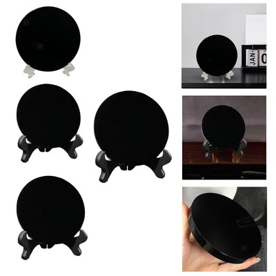 Schwarze Obsidianscheibe Kreisscheibe Flachscheibe Rundplatte mit Ständer Obsidiantasche