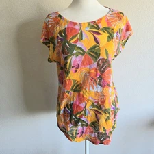 NEW C & C California Artsy Tropical Linen Top Bright Colorful Curved Hem Size M