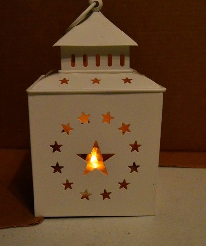 Square Metal Hanging Lantern White Candle Holder with Stars ~7-3/4" Tall - Picture 2 of 5
