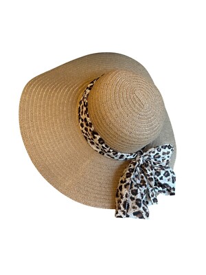 Wide Brim Straw Sun Hat With Leopard Print Ribbon Bow By  display picture 2
