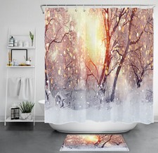 Nature Winter Snow Forest Sunset Landscape Shower Curtain Set for Bathroom Decor
