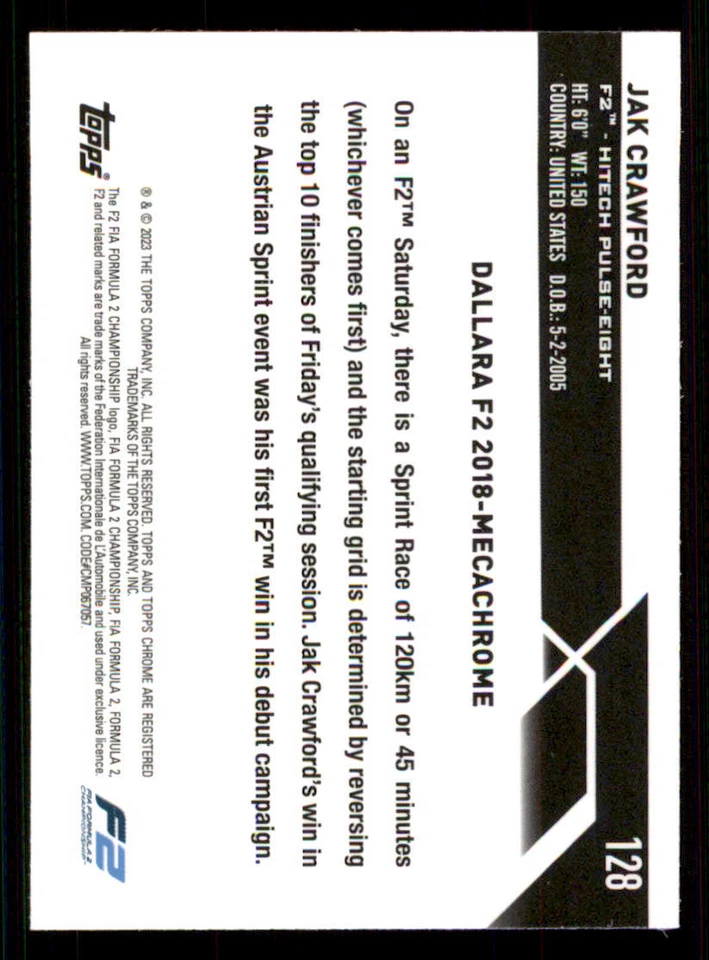 2023 Topps Chrome Formula 1 #128 Jak Crawford CAR - Image 2 of 2