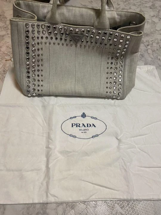Prada Canapa Tote Bag Handbag Denim Women Bijou Bianco Width37cm