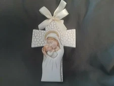 White Cross Madonna and Child Christmas ornanment Gold accent White Ribbon Hang