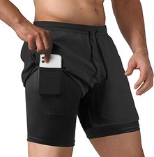 Men's 2 in 1 Running Shorts Workout Athletic Training Gym Large, Black