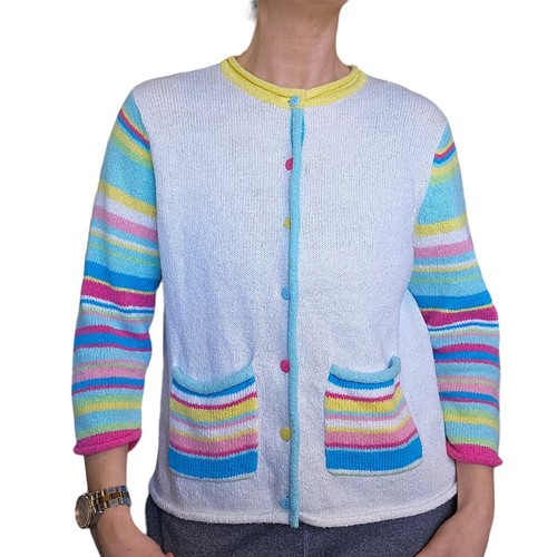 Vintage 90s M White Pastel Colorful Cardigan Sweater Textured Multi-color Spring - Picture 12 of 12