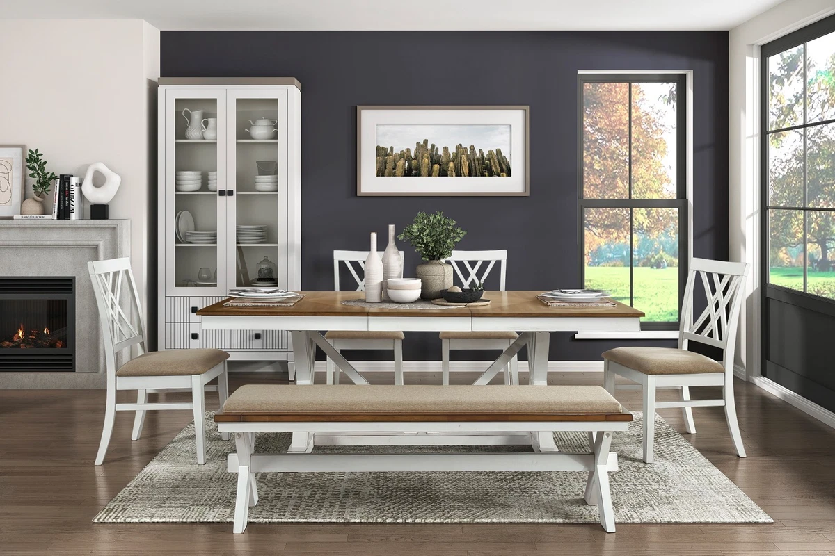 White and Oak Finish 6pc Dining Set Modern Style Table w leaf