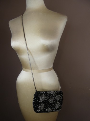 Intropia Small Beaded Crossbody Bag Clutch Black Evening 7" x 5" Chain - Picture 10 of 11