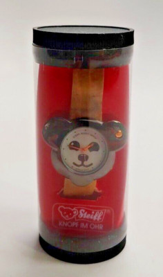 Steiff Wrist Watch Teddy Head Tan/Black Marbled Strap Boxed 1991 needs battery