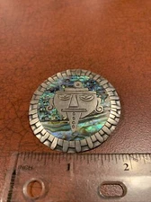 Vtg. Taxco Mexico Sterling Abalone Aztec God Sticking Tongue Out Pin Or Pendant