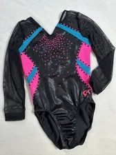 GK ELITE Competition LEOTARD gymnastics NEON Pink BLACK Rhinestone STUD Mesh  CL