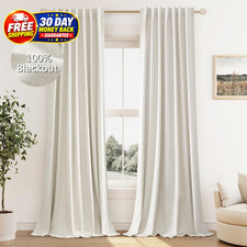 Cream Linen Blackout Curtains 84 Inch 2 Panels Back Tab Thermal Insulated