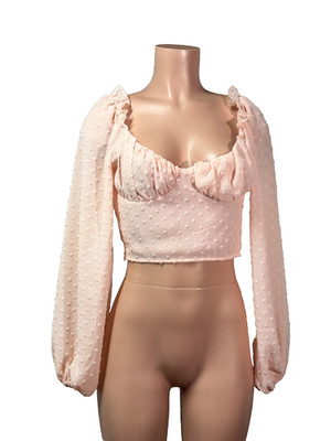 PRETTY LITTLE THING Women (4) pink sheer, Swiss dot long sleeve crop top-EUC!