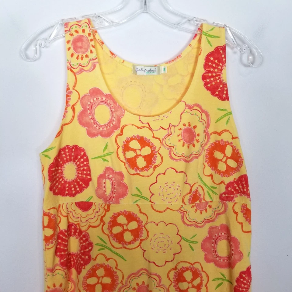 Fresh Produce женщин цветочный платье без рукавов Sz S желтый Summer декольте колена хлопок - Изображение 2 из 4