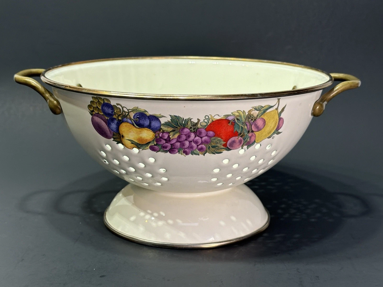 Vintage Cornucopia White With Fruit Design Enamel on Steel Kitchen Colander 80s