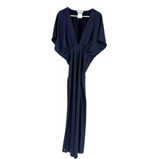 BHLDN Amelia Deep-V Flutter Sleeve Satin Navy Blue Maxi Gown Dress Elegant Sz 14