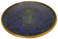 ANTIQUE CHINESE FLORAL GREEN BLUE DECORATED CLOISONNE ENAMEL BRASS DISH PLATE
