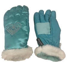 Girls Shiny Blue Heart Print Performance Ski  Snow Winter Gloves