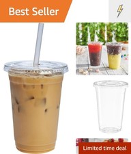Stackable 20 oz Clear Plastic Cups with Flat Lids - 100 Count for Cold Beverages