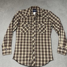 Wrangler Western Shirt Mens Small Brown Plaid Long Sleeve Pearl Snap Cowboy