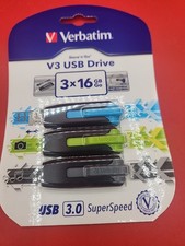 Verbatim 3pack 16GB USB Drives Asst Colors Blue Green Grey
