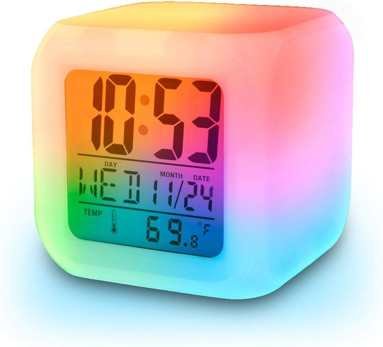 Digital Alarm Thermometer Night Glowing Cube 7 Colors Clock LED Change LCD for B