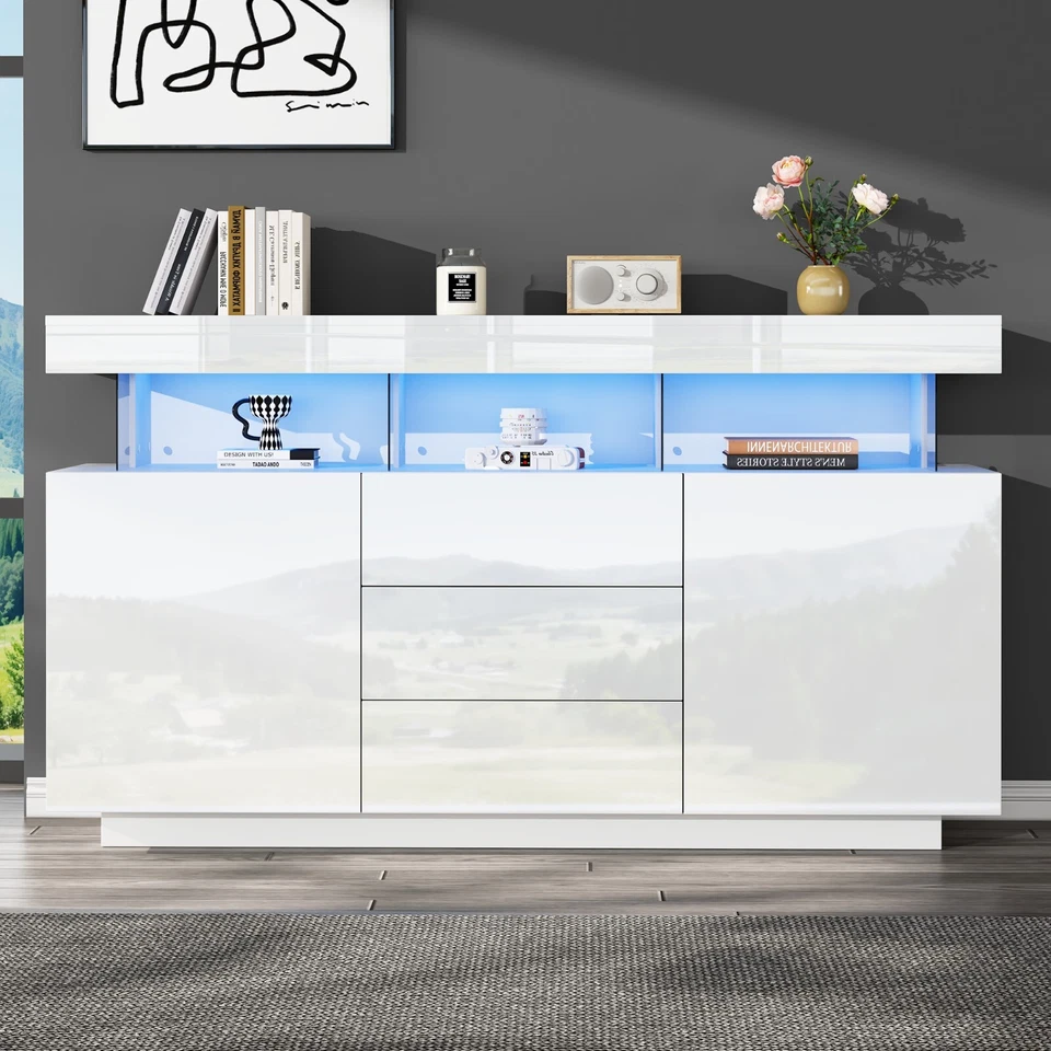 Hochglanz Moderner Sideboard Kommode TV Schrank mit LED Beleuchtung Weiß - Bild 1 von 4