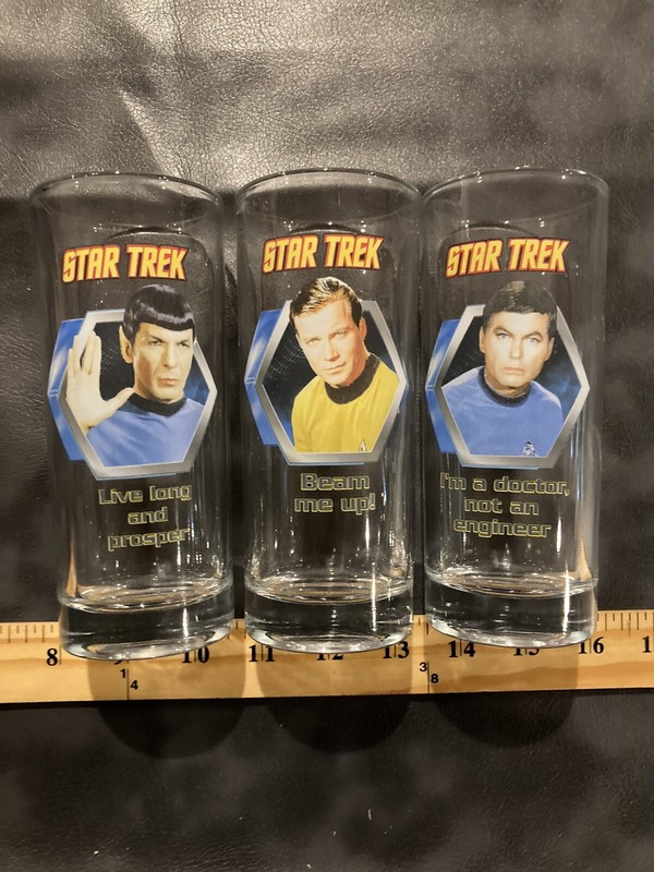 2010 Star Trek Glasses 10 oz ounce Spock Kirk Bones Lot Of 3 Excellent EUC