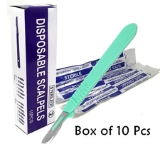 10 pcs DISPOSABLE STERILE SURGICAL SCALPELS #10 WITH GRADUATED PLASTIC HANDLE
