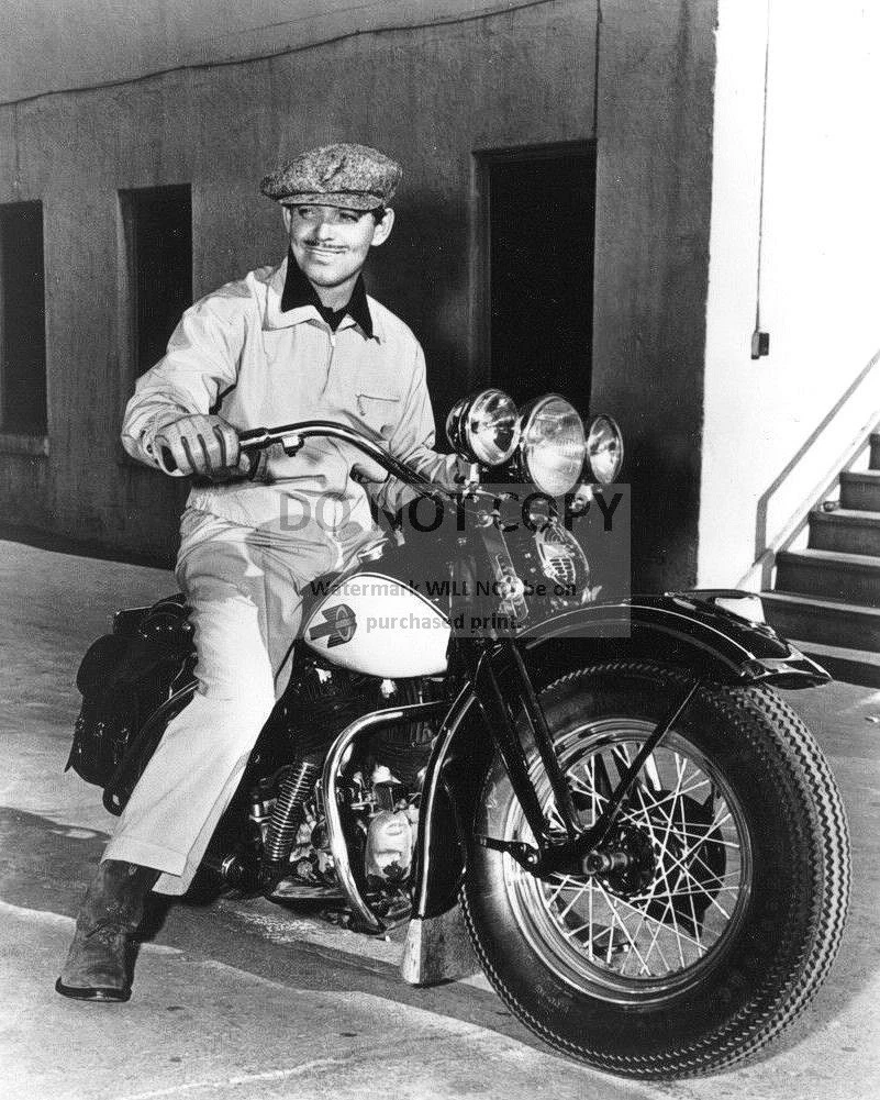 CLARK GABLE SITTING ON A MOTORCYCLE 8X10 PUBLICITY PHOTO EE 028