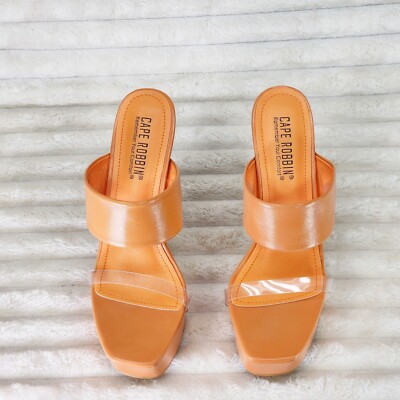 Razz Slip On High Heel Clogs Mules Slides Orange Gold Tone