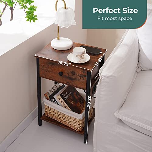 Nightstand with Charging Station, Side Table End Table with Large Drawer Brown - Bild 7 von 7